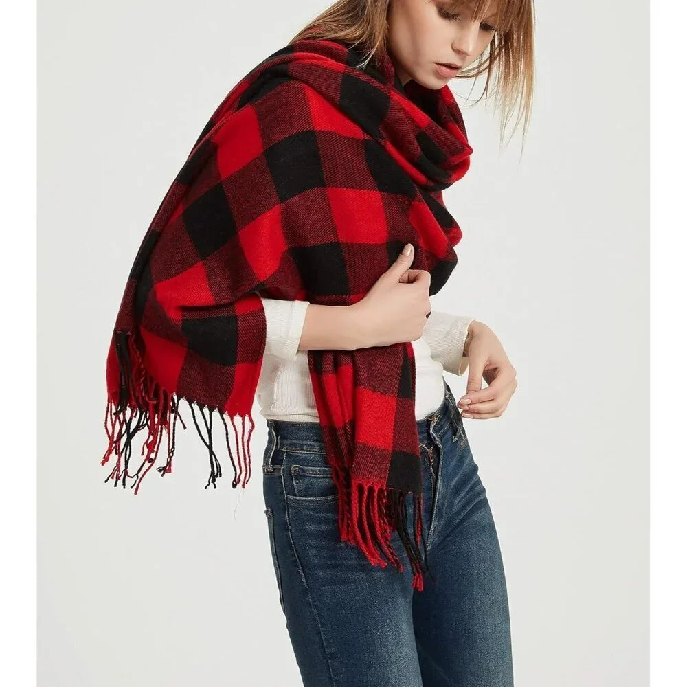 Women's Red Black Plaid Fashion Long Shawl Big Grid Winter Warm Lattice Scarf